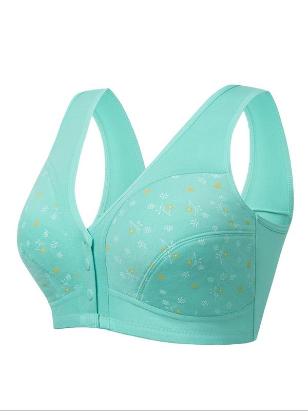 Plus Size Floral Print Button Front Bra, Comfy Breathable Wireless Bralette, Women's Plus Size Lingeries for All Seasons